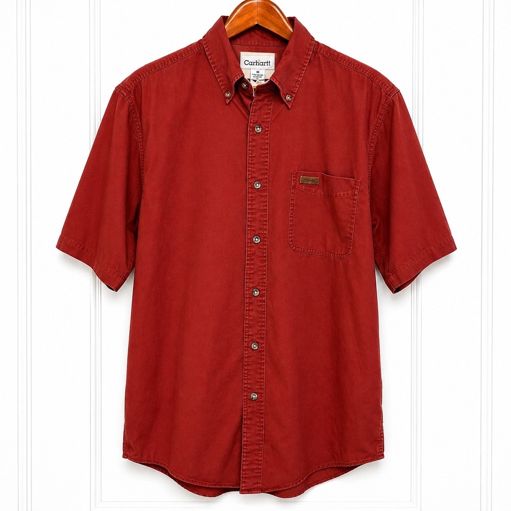 Carhartt Mens Short Sleeve Button Down Shirt Red S132BRD Cotton Work Medium